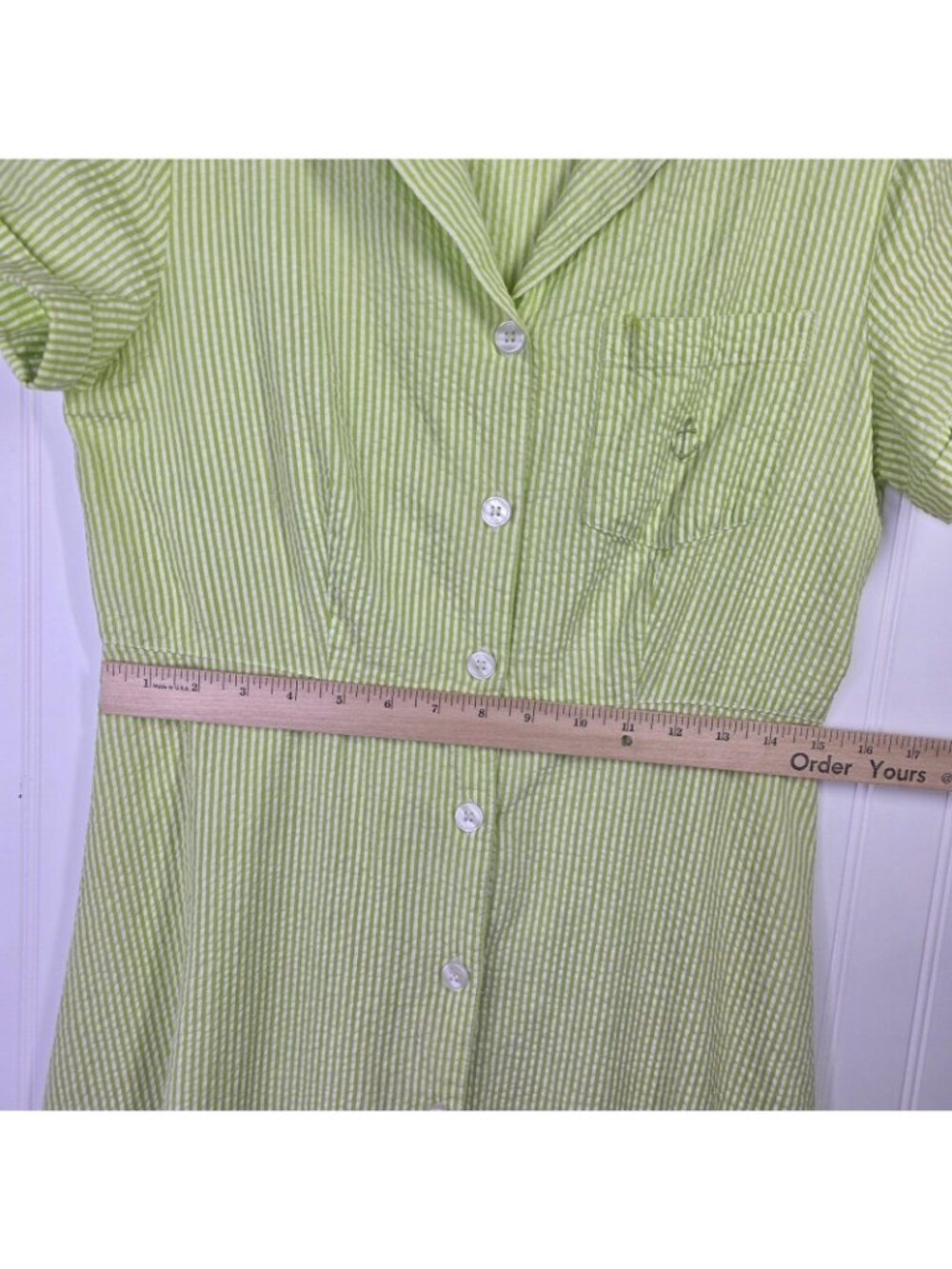 JG Hook Dress 8 Green Striped Seersucker Midi Button Up Nautical Coastal Casual - Picture 9 of 11